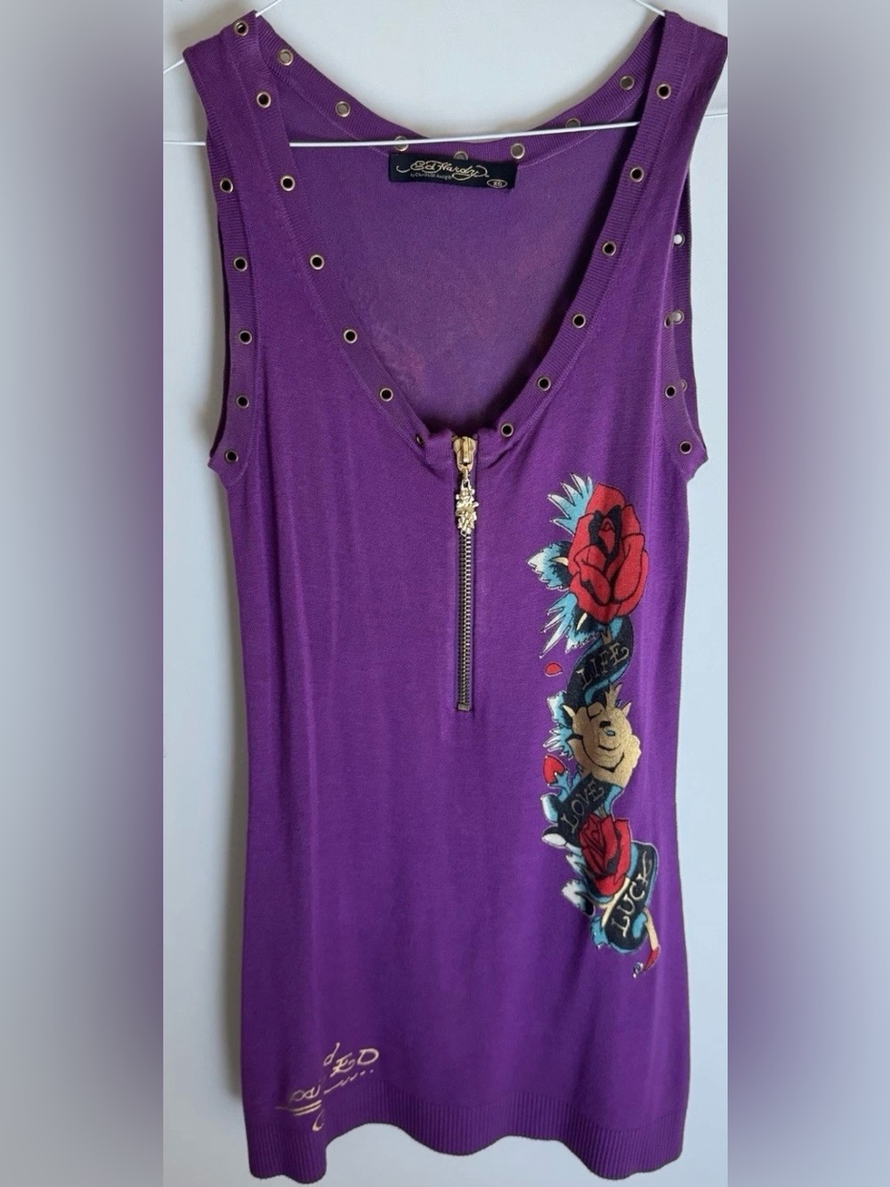 Ed Hardy by Christian Audigier Purple  Zip-front Women’s dress Rose Graphic